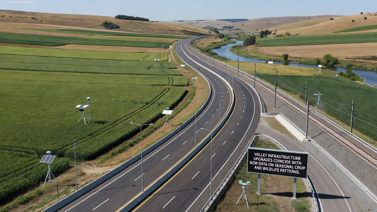 Close-up of wildlife tracking equipment installed near upgraded valley irrigation infrastructure with crop fields in background