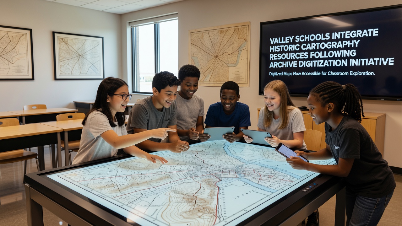 Students in a valley classroom using tablets to explore digitized historic maps as part of a geography lesson